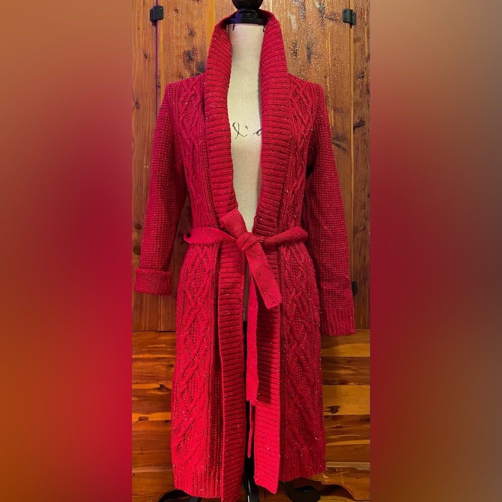 XS Talbots thick sweater/robe Red w tie & front pockets